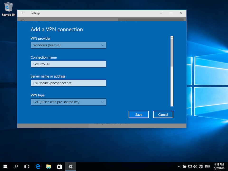 Setting up L2TP VPN on Windows 10, step 3