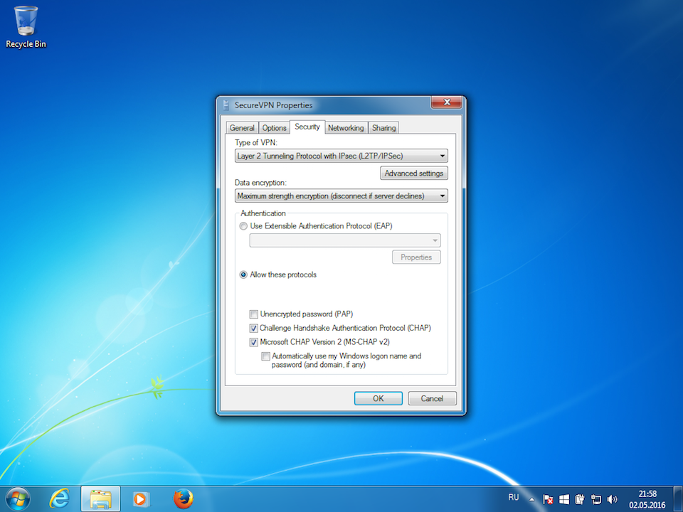 Setting up L2TP VPN on Windows 7, step 9