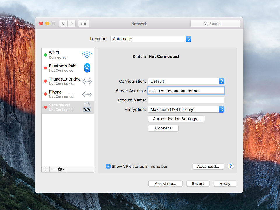 Setting up PPTP VPN on Mac OS X, step 11