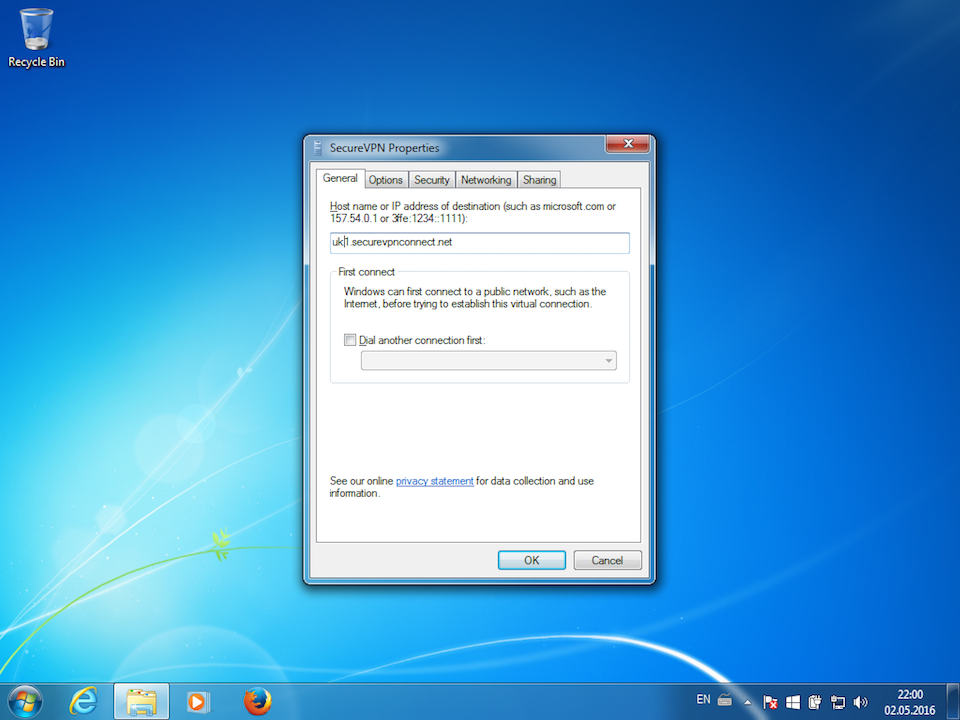 Setting up PPTP VPN on Windows 7, step 15