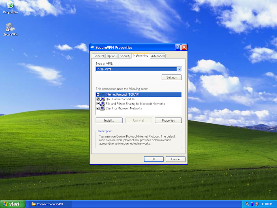 Setting up PPTP VPN on Windows XP, step 10