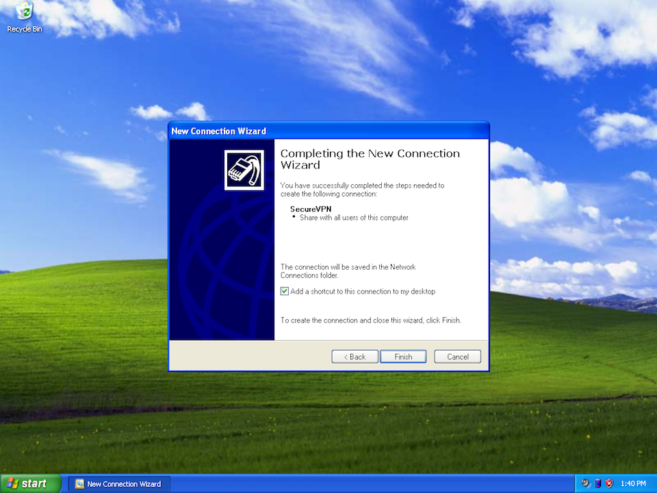 Setting up L2TP VPN on Windows XP, step 8