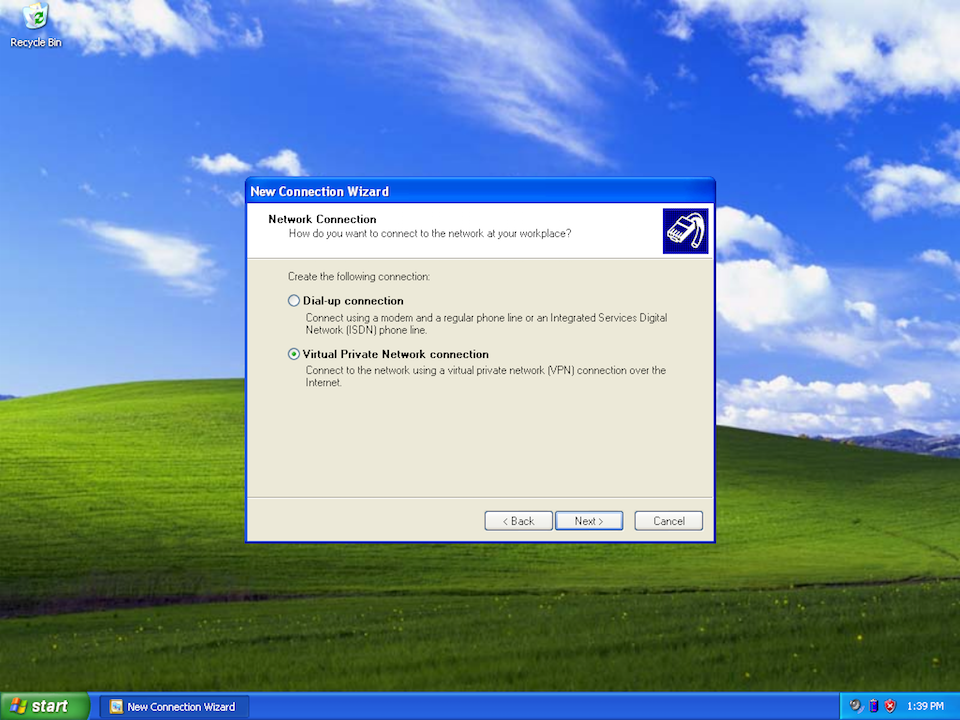 Setting up PPTP VPN on Windows XP, step 5