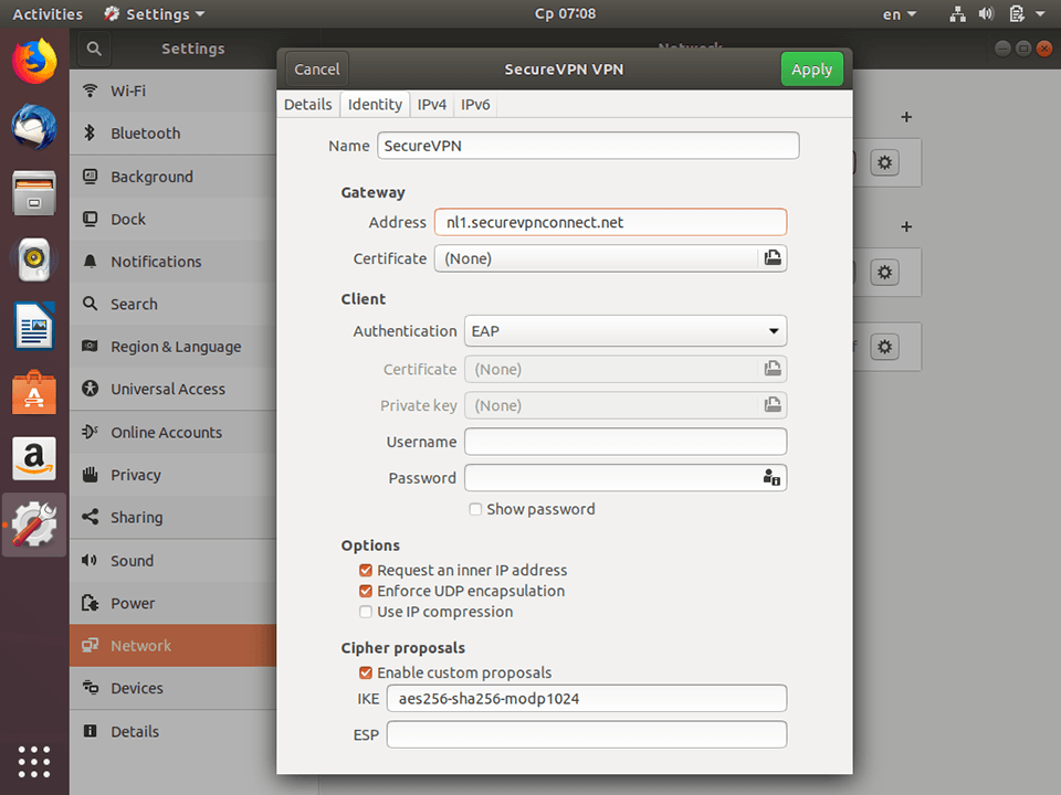 Setting up IKEv2 VPN on Linux Ubuntu 18.04, step 11