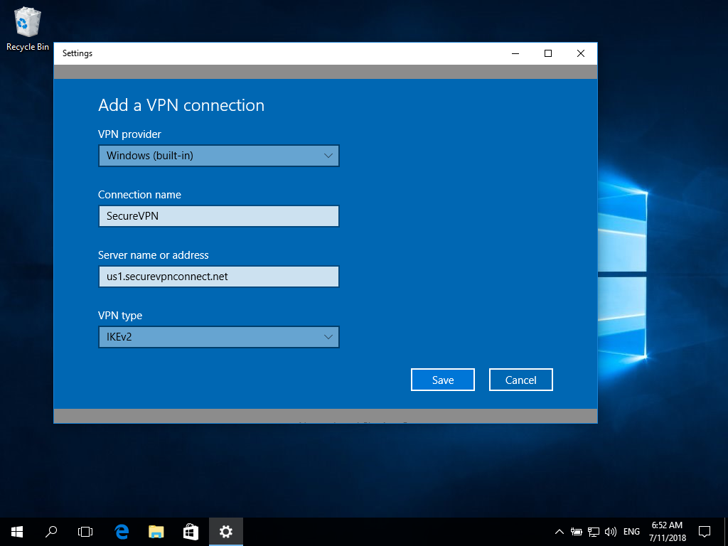 Setting up IKEv2 VPN on Windows 10, step 3