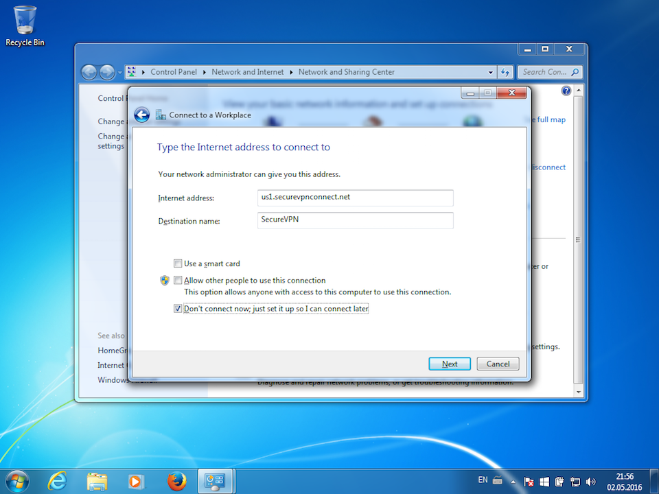 Setting up IKEv2 VPN on Windows 7, step 5