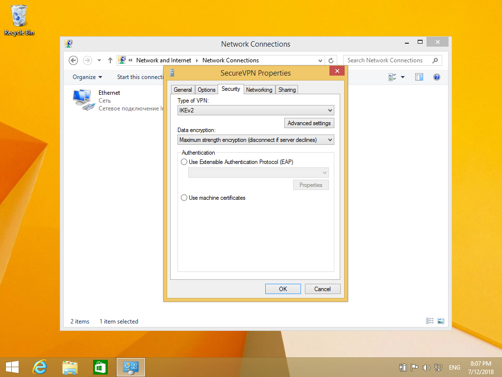Setting up IKEv2 VPN on Windows 8, step 9