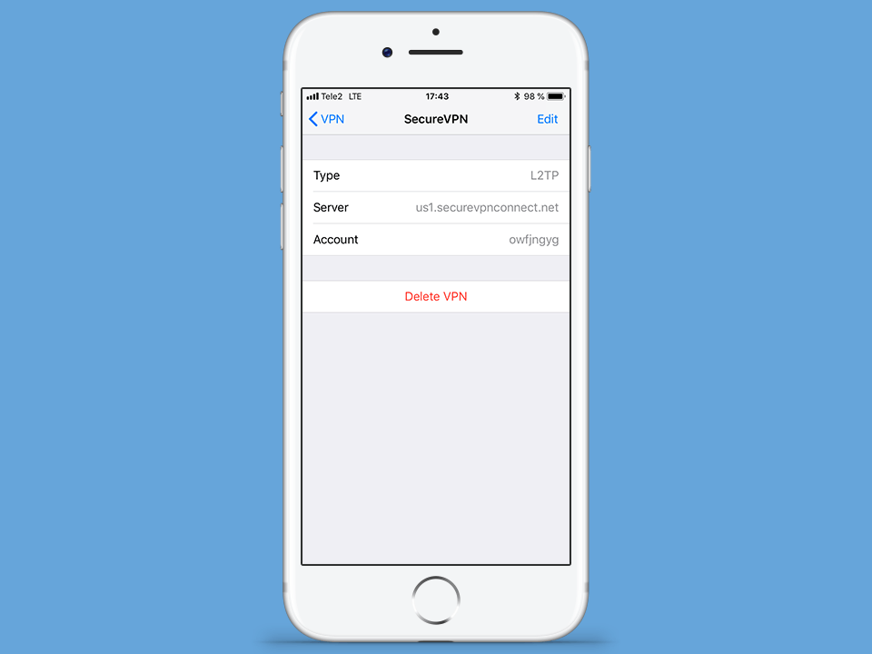 Setting up L2TP VPN on iOS, step 8