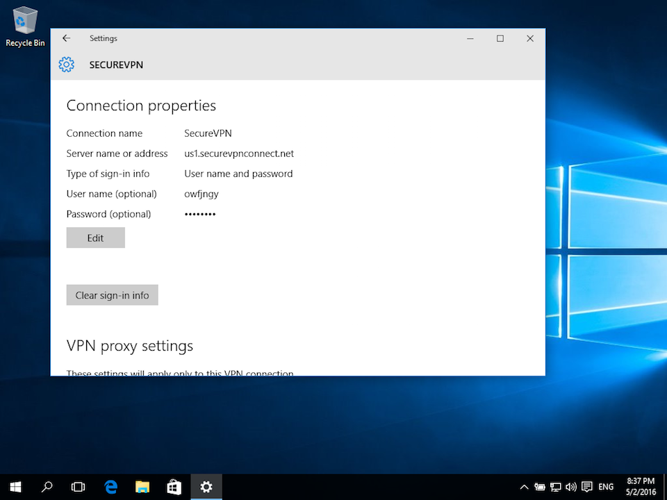 Setting up L2TP VPN on Windows 10, step 12