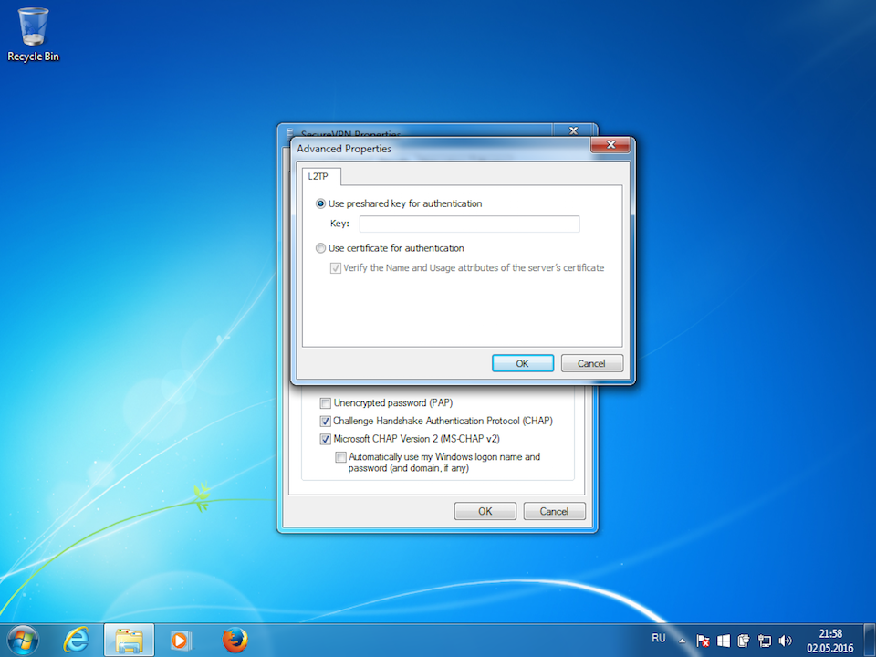 Setting up L2TP VPN on Windows 7, step 10
