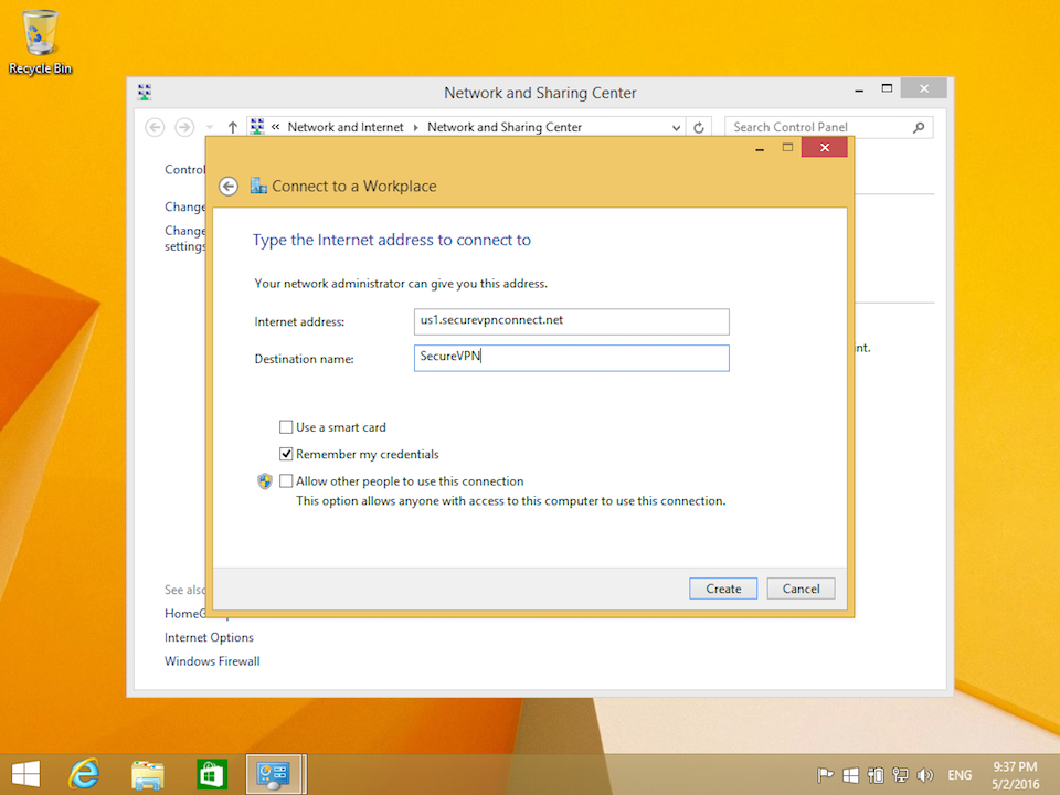 Setting up L2TP VPN on Windows 8, step 6