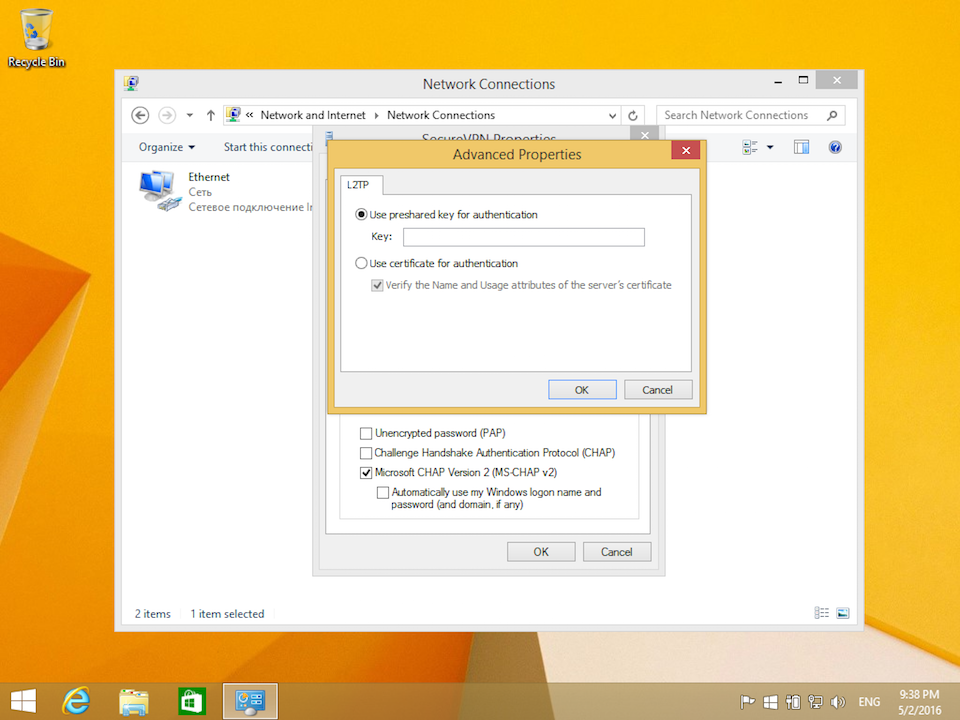 Setting up L2TP VPN on Windows 8, step 10