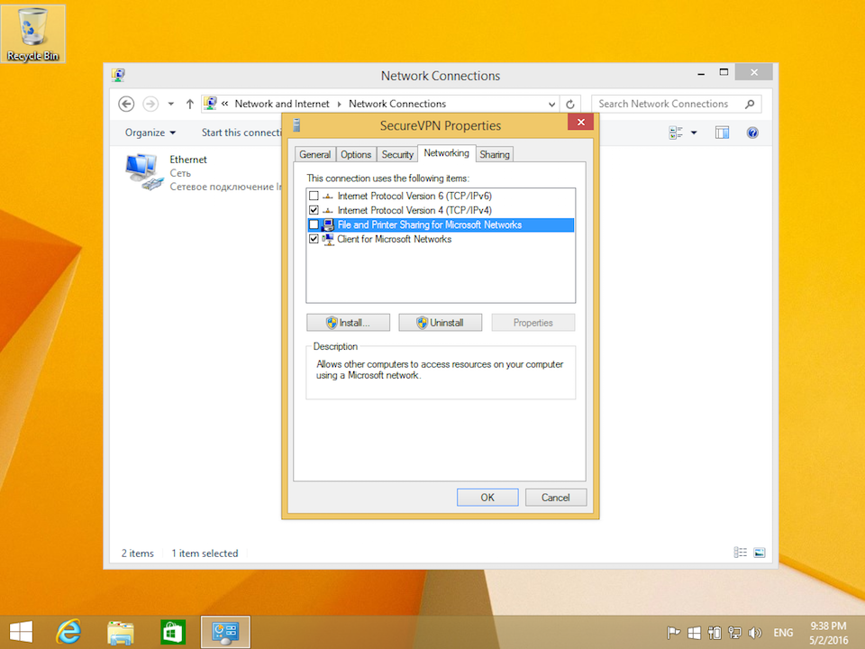 Setting up L2TP VPN on Windows 8, step 11