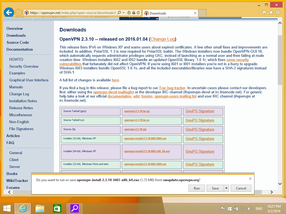 Setting up OpenVPN on Windows 8, step 1