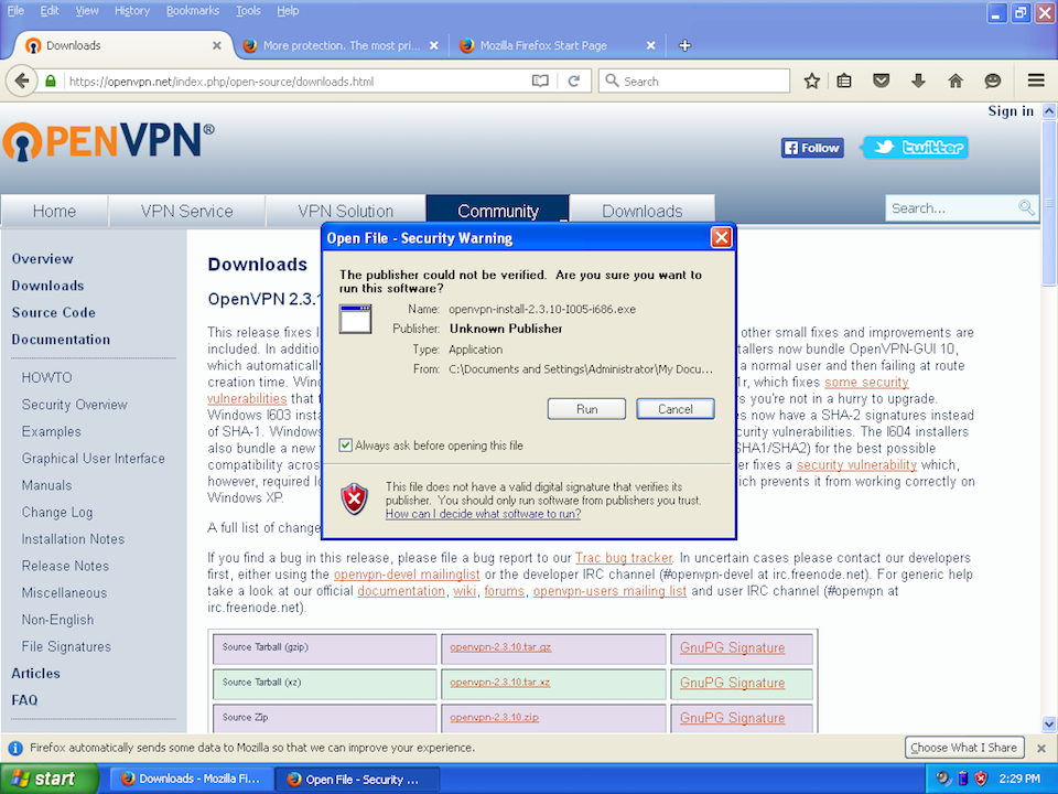 Setting up OpenVPN on Windows XP, step 2