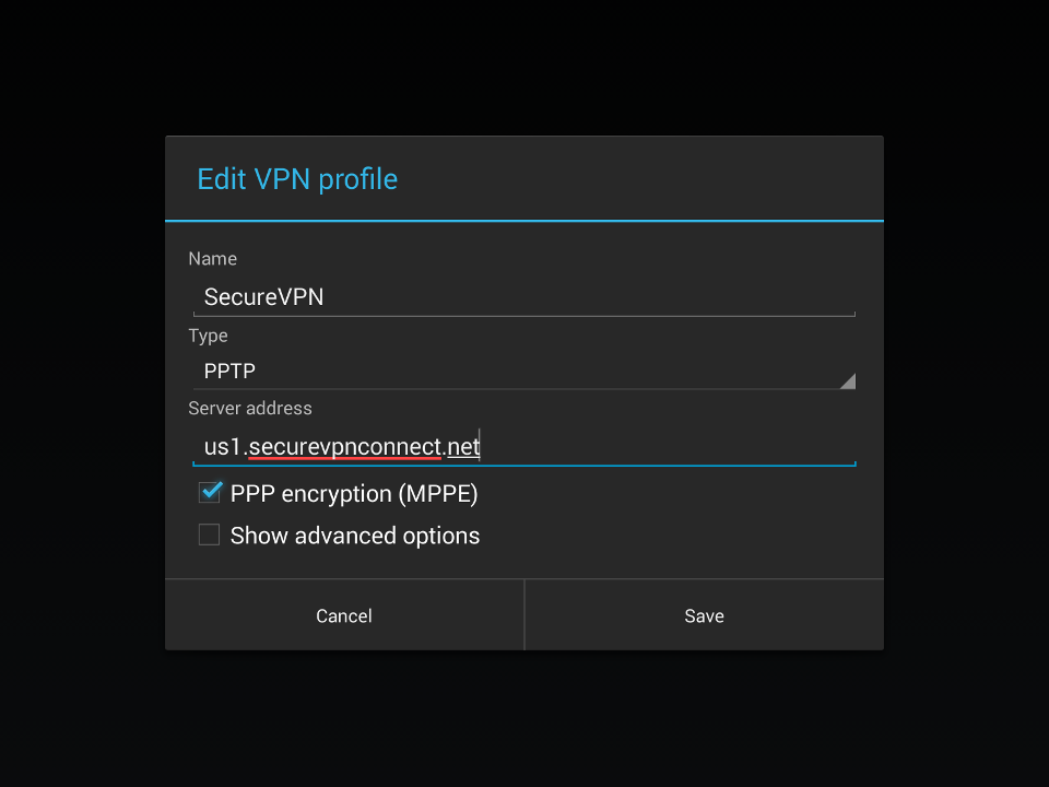 Setting up PPTP VPN on Android, step 5