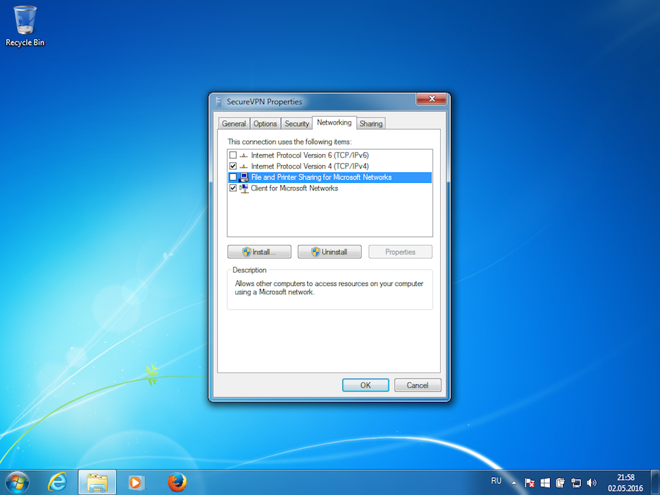 Setting up PPTP VPN on Windows 7, step 10