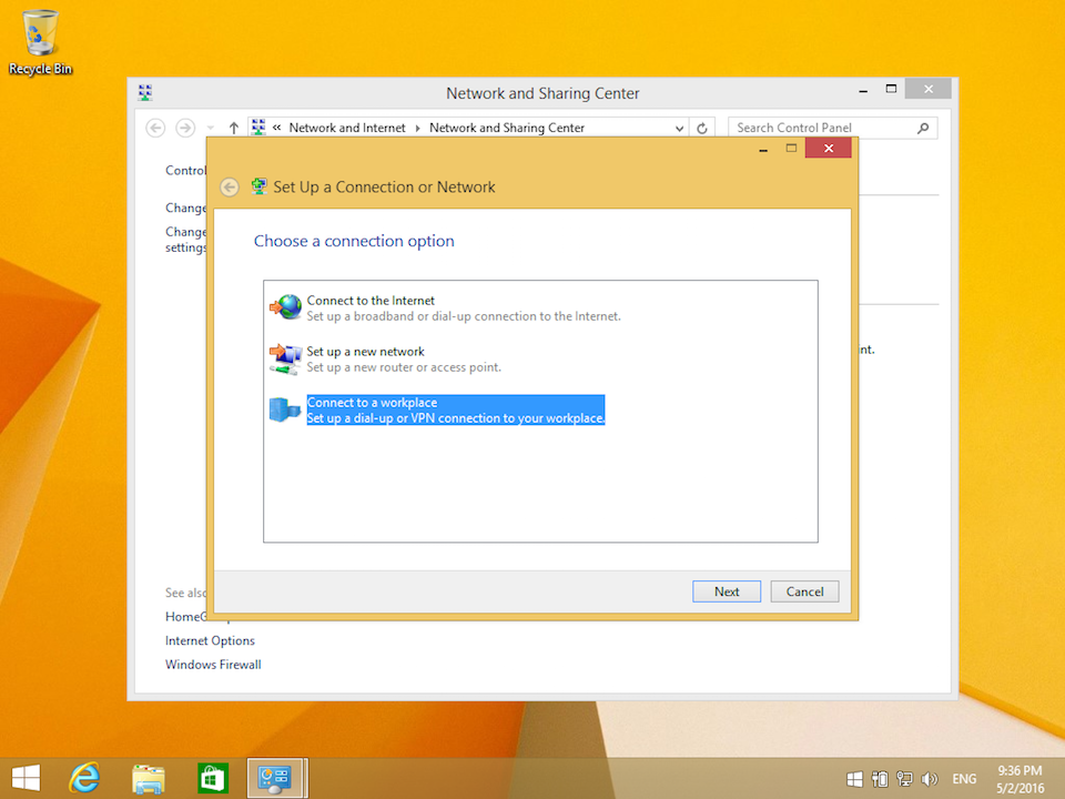 Setting up PPTP VPN on Windows 8, step 4