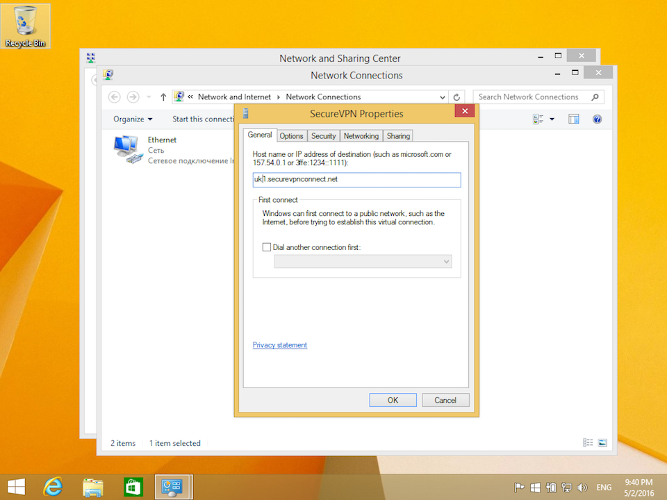 Setting up PPTP VPN on Windows 8, step 14