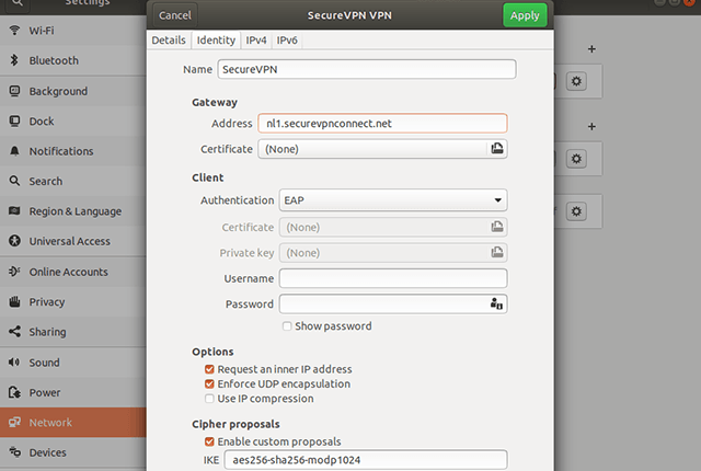 Setting up IKEv2 VPN on Linux Ubuntu 18.04, step 11