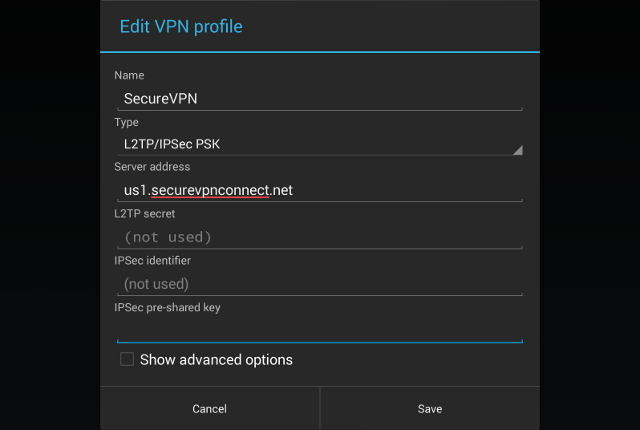 Setting up L2TP VPN on Android, step 5