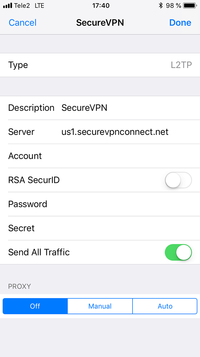 Setting up L2TP VPN on iOS, step 5