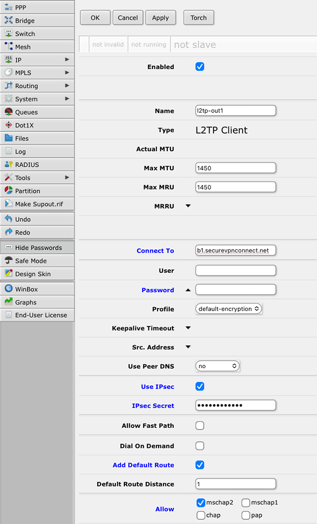 Setting up L2TP VPN on RouterOS, step 3