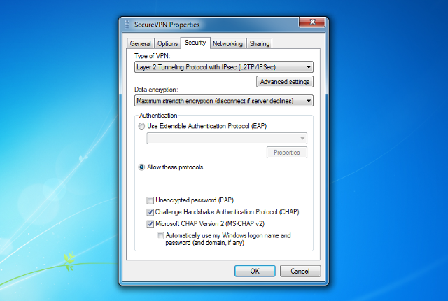 Setting up L2TP VPN on Windows 7, step 9