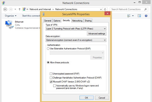 Setting up L2TP VPN on Windows 8, step 9