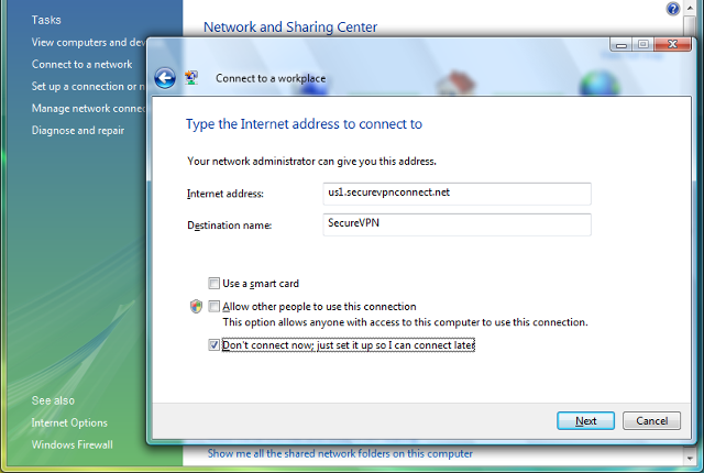 Setting up L2TP VPN on Windows Vista, step 5