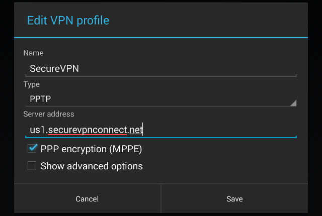 Setting up PPTP VPN on Android, step 5