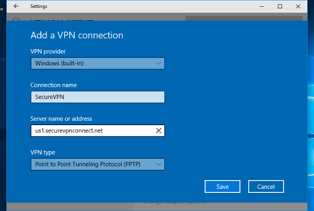 Setting up PPTP VPN on Windows 10, step 3