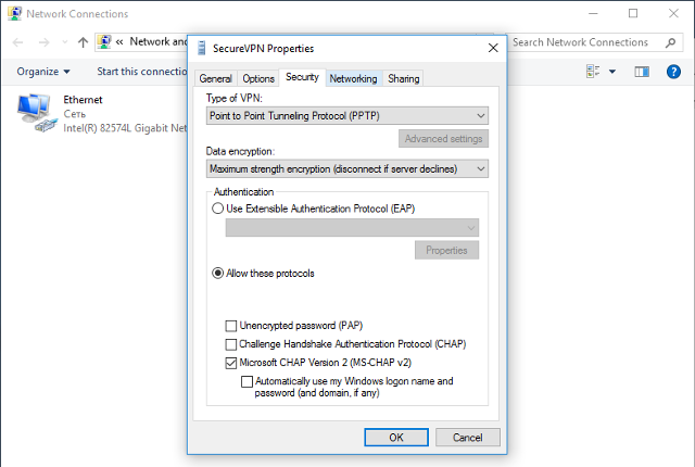 Setting up PPTP VPN on Windows 10, step 9