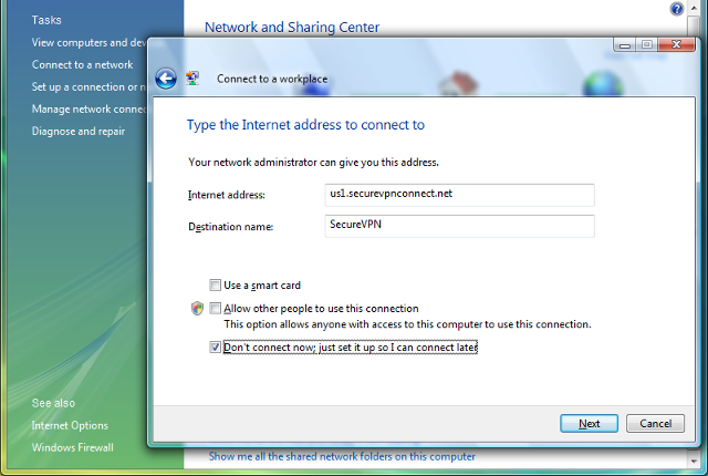 Setting up PPTP VPN on Windows Vista, step 5
